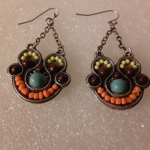 Orange, Turquoise and Yellow Artsy Earrings - Picture 2 of 4